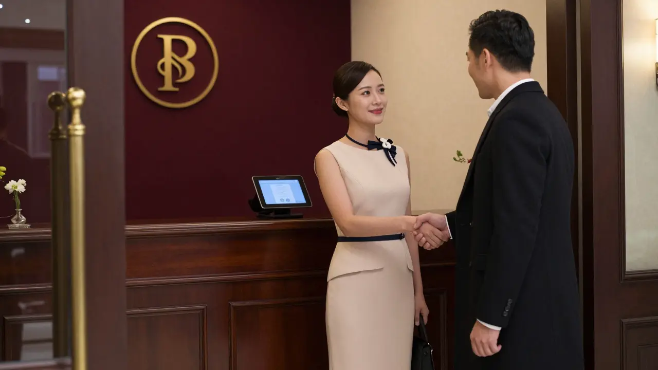 An escort greeting a client at a luxury hotel lounge, professional and respectful, with booking details visible.