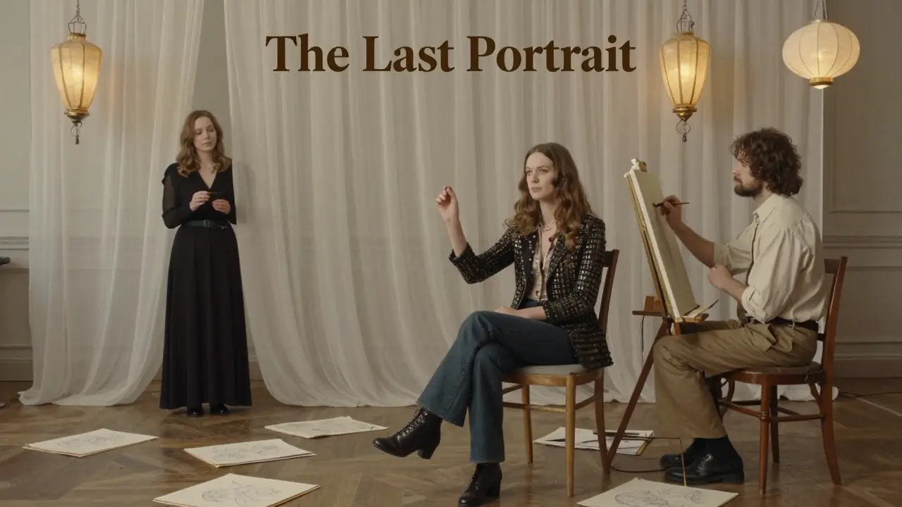 An escort sits still as a painter creates a portrait beside her, while a poet reads softly in the background during an immersive art event.