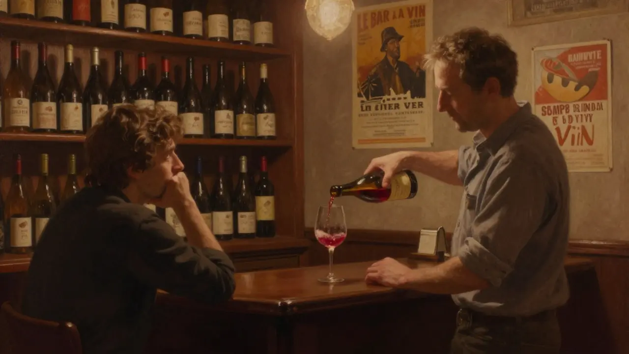 An intimate wine bar in Paris's 10th arrondissement where a bartender pours obscure Jura wine to a quiet customer.