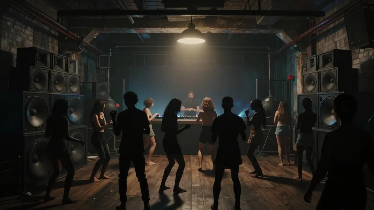 An underground techno club with a diverse crowd dancing in ambient, low-light warehouse space.