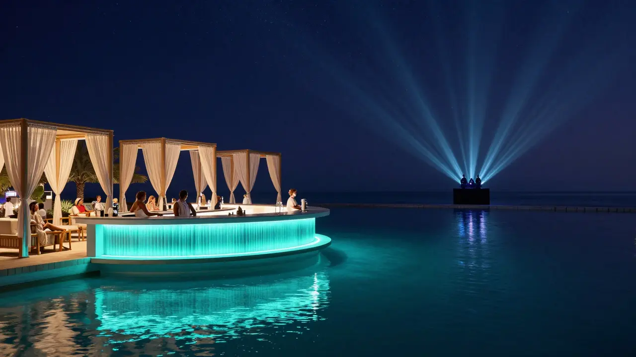 Beach club with floating bar and cabanas under stars, glowing water reflections and rhythmic light pulses.
