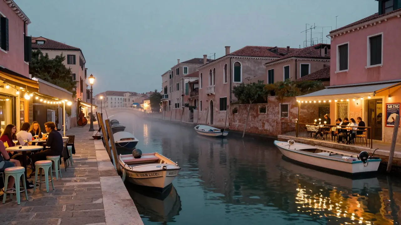 Canal-side bars in Navigli lit by string lights, with boats and pastel stools reflecting on water at night.