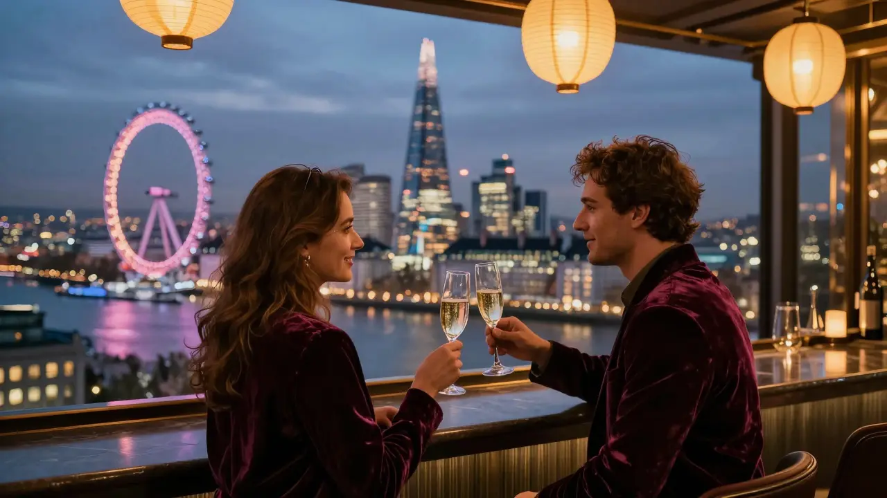 Couples enjoying champagne at a rooftop bar with a glowing city skyline below.