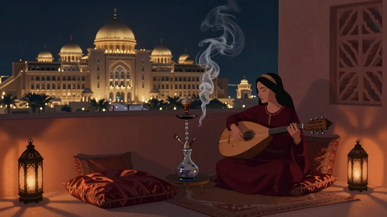 Cozy courtyard with lanterns, oud music, and shisha smoke under starlit skies.