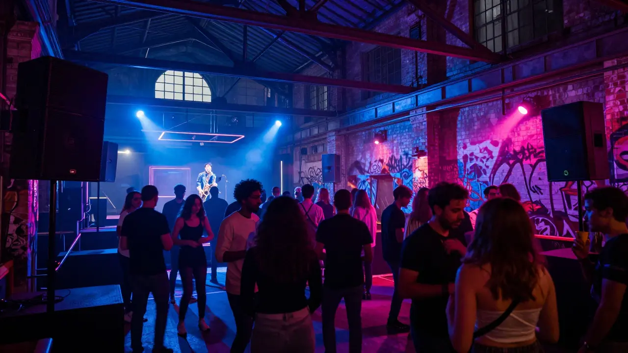 Crowd dancing in an industrial nightclub with vibrant neon lights and booming sound systems.