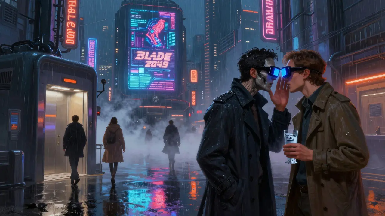 Crowd in dystopian trench coats at Secret Cinema&#039;s Blade Runner 2049 immersive experience.