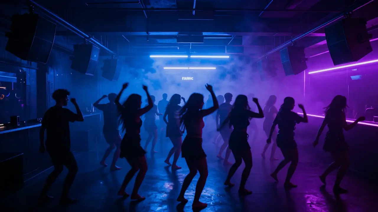 Dancers moving in sync under neon strobes inside Fabric nightclub at night.