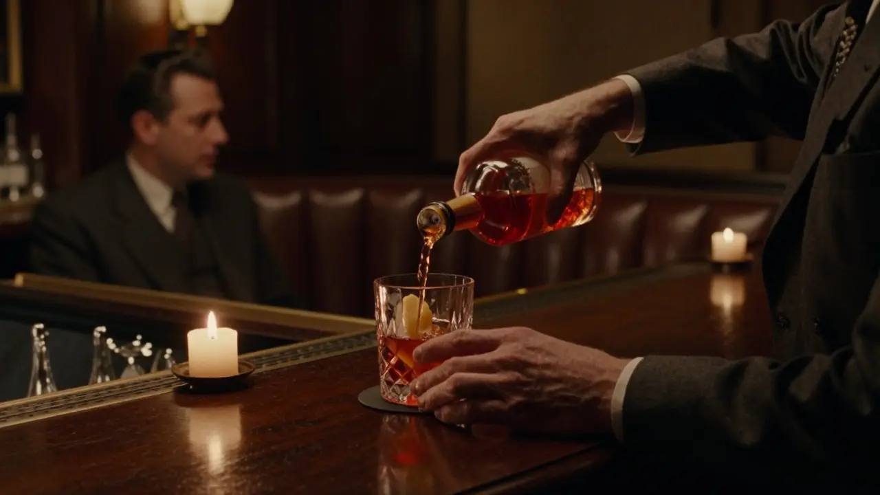 Dimly lit La Palme d’Or bar with bartender pouring a Negroni, candlelight reflecting in crystal glass.