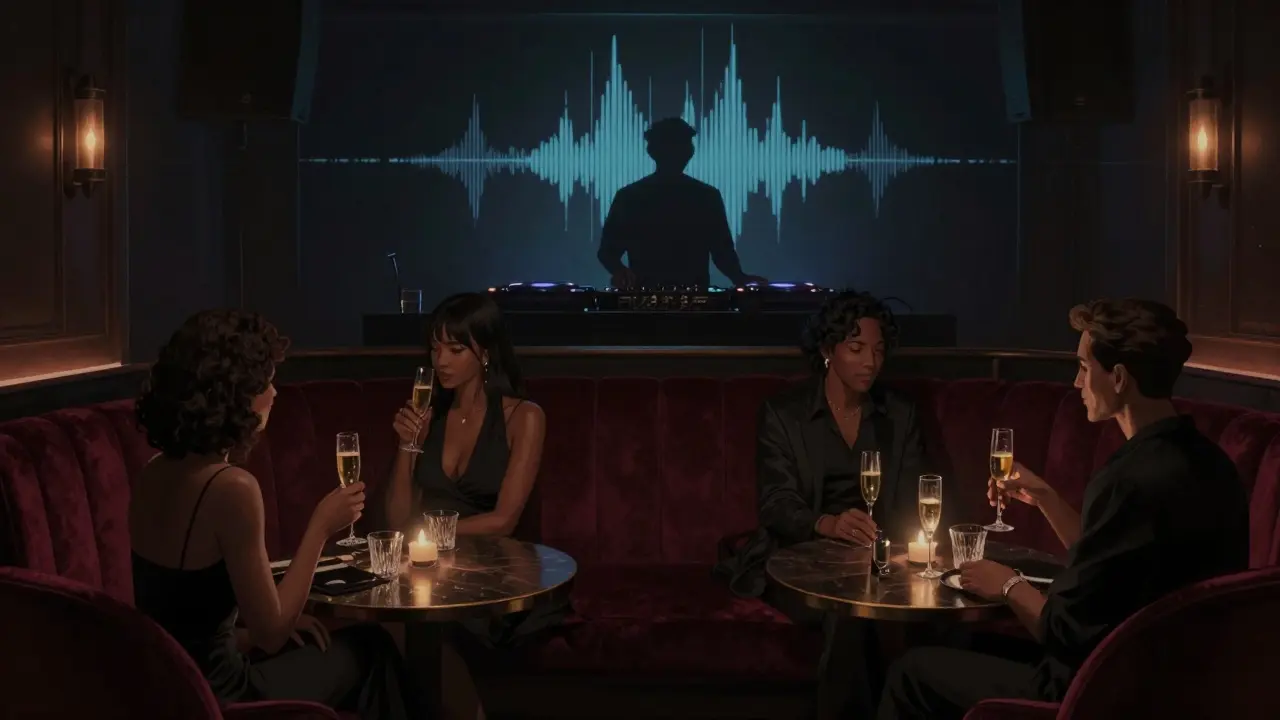 Dimly lit underground club with velvet booths and guests enjoying champagne in quiet, intimate conversation.