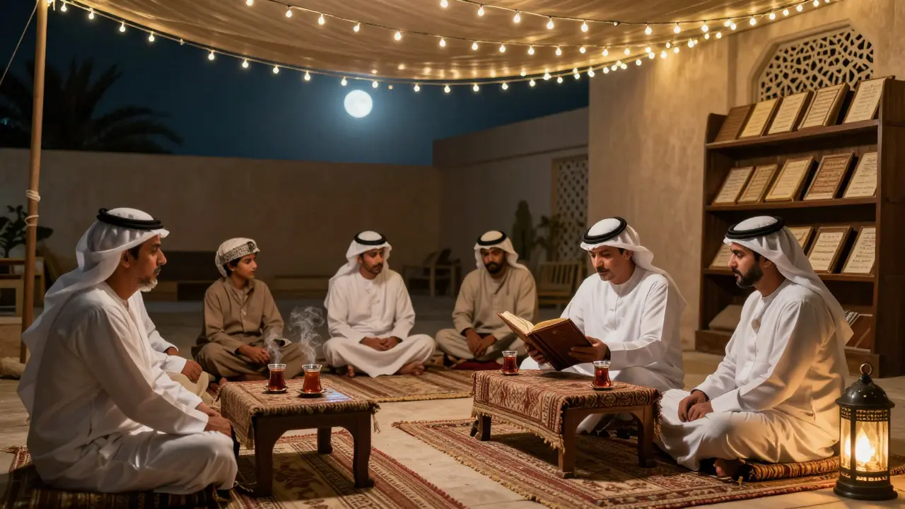 Family gathering at night reading poetry by lantern light, traditional tea and rugs.