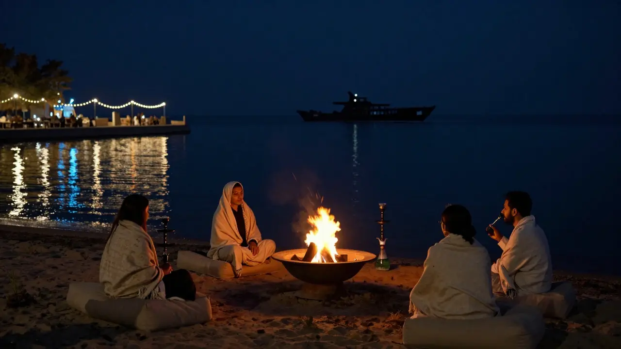 Fire pit on waterfront promenade at night, people sitting calmly by glowing embers with string lights reflecting on water.