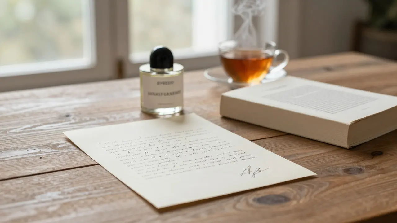 Handwritten letter, vintage book, and perfume bottle on wooden table with morning light.