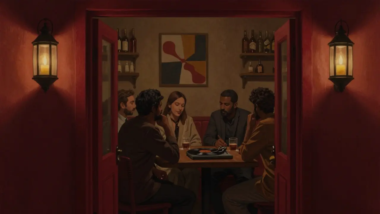 Hidden speakeasy with red door, dimly lit by lanterns, people conversing over whiskey bottles and art.