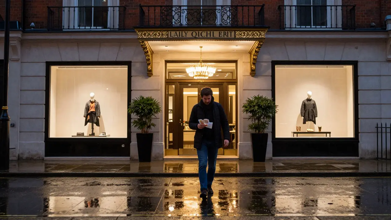 Man walking away from a luxury hotel at night, holding cash, in rainy Knightsbridge.