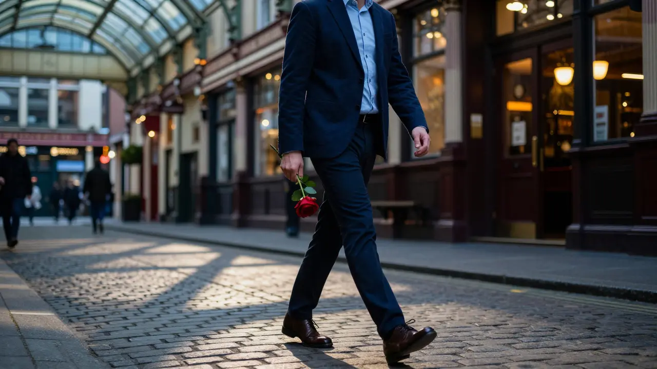 Man walking through Leadenhall Market at dusk with a rose, glass ceiling casting shadows.