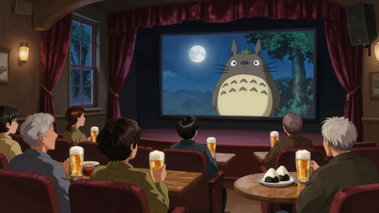 Patrons enjoying beer and anime films in a cozy 1920s-style cinema with velvet curtains and warm lighting.