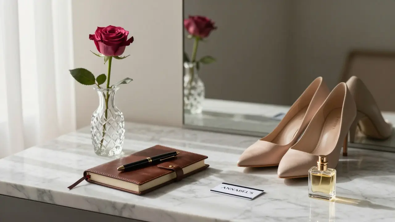 Personal items on marble: rose, journal, heels, keycard, and perfume—symbolizing hidden life and emotional labor.