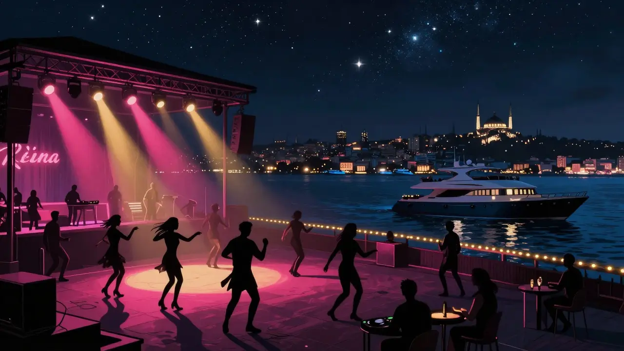 Reina nightclub on the Bosphorus shore with dancers under stars and yachts glowing in the distance.
