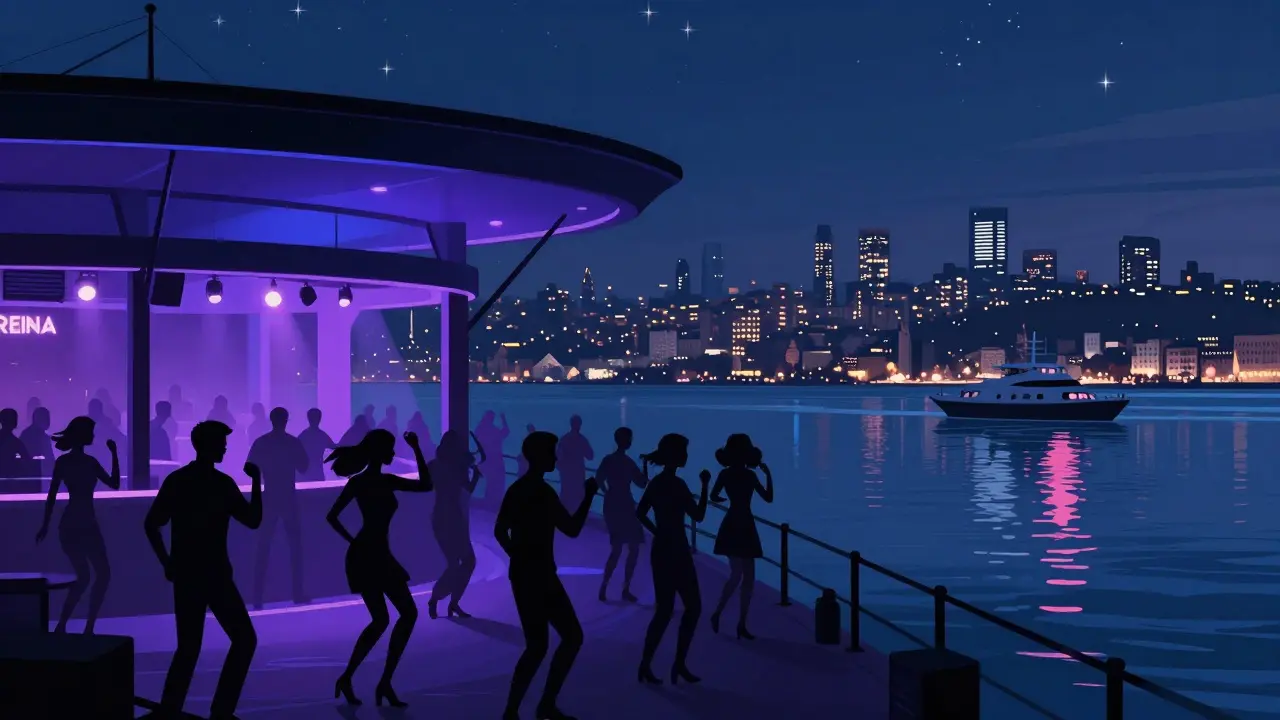Reina nightclub on the Bosphorus with dancers silhouetted against the city&#039;s glowing skyline.