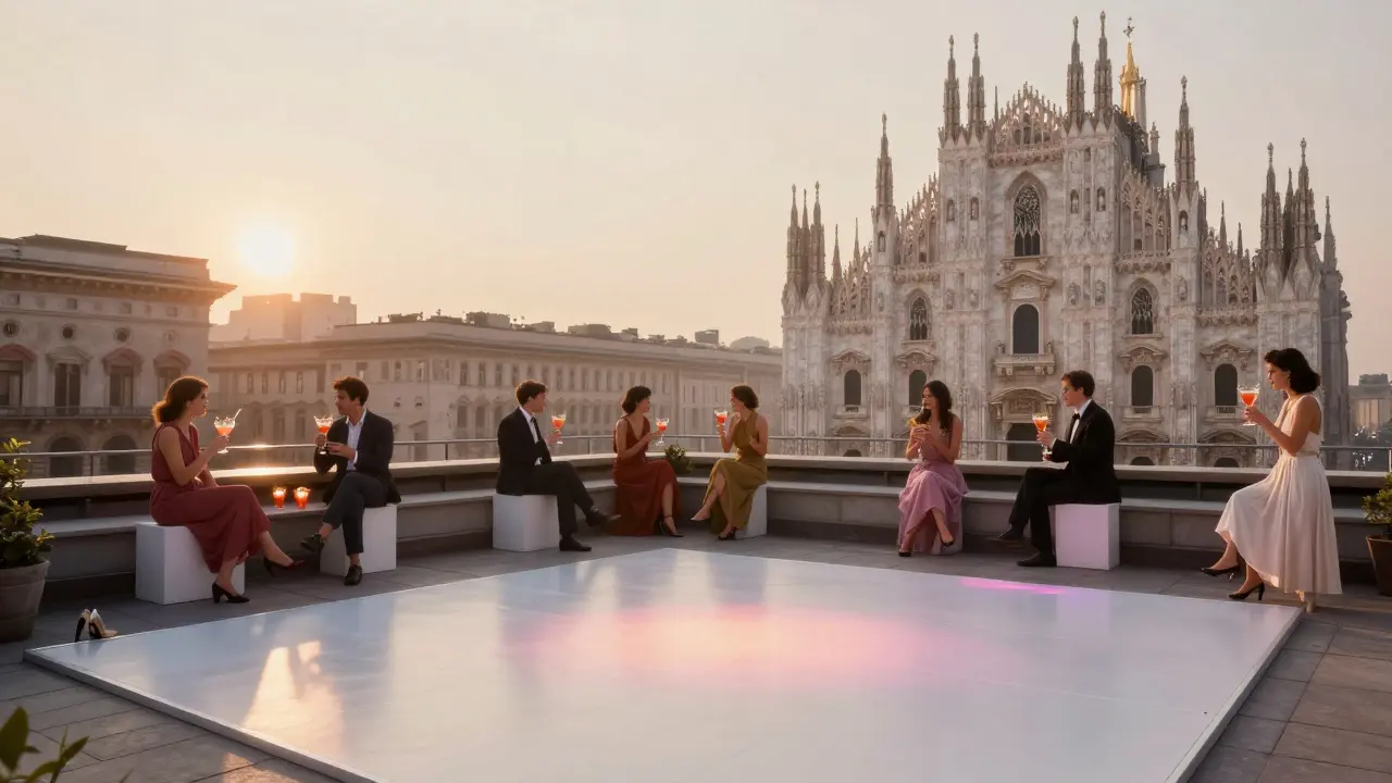 Rooftop terrace at sunrise with elegant guests overlooking Milan’s skyline.