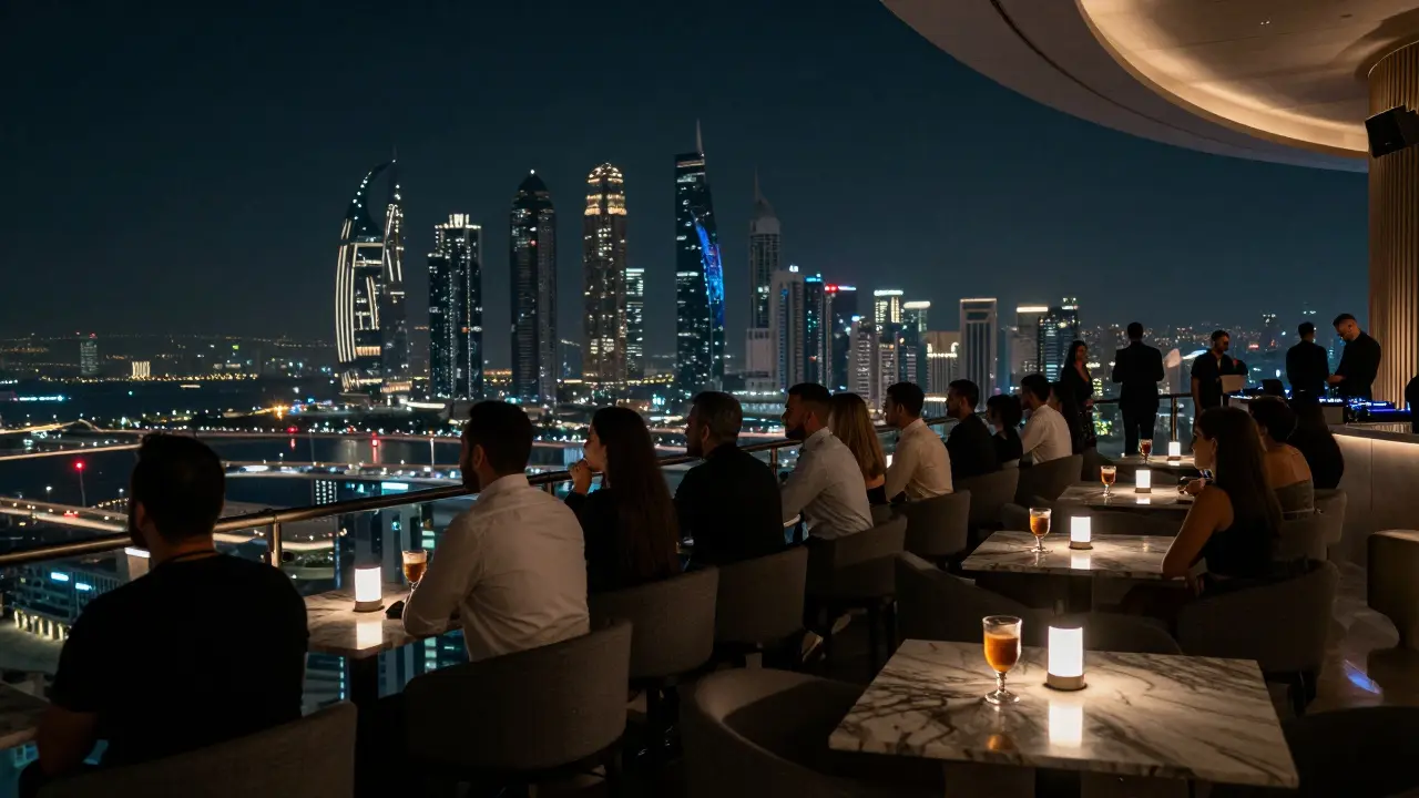 Silent crowd on a rooftop terrace overlooking Abu Dhabi's glittering skyline at midnight.
