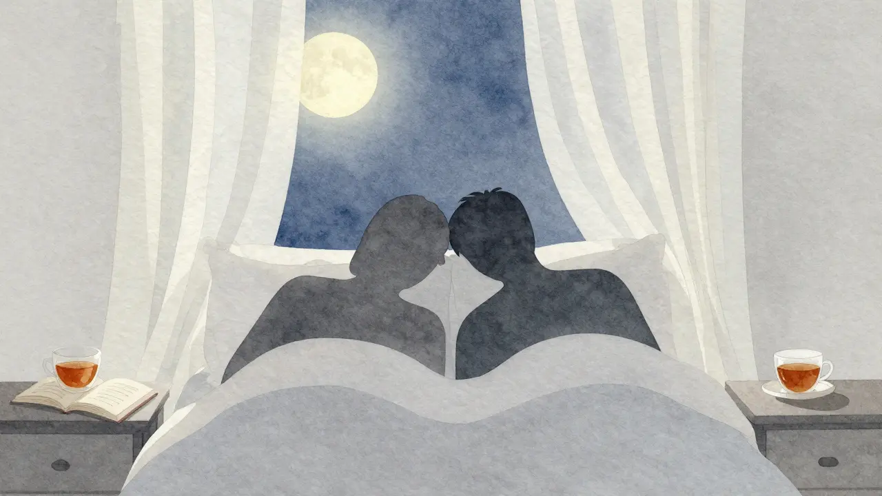 Silhouettes lie together in a moonlit bedroom, no faces shown, only the gentle touch of shoulders, symbolizing peaceful, non-verbal connection.