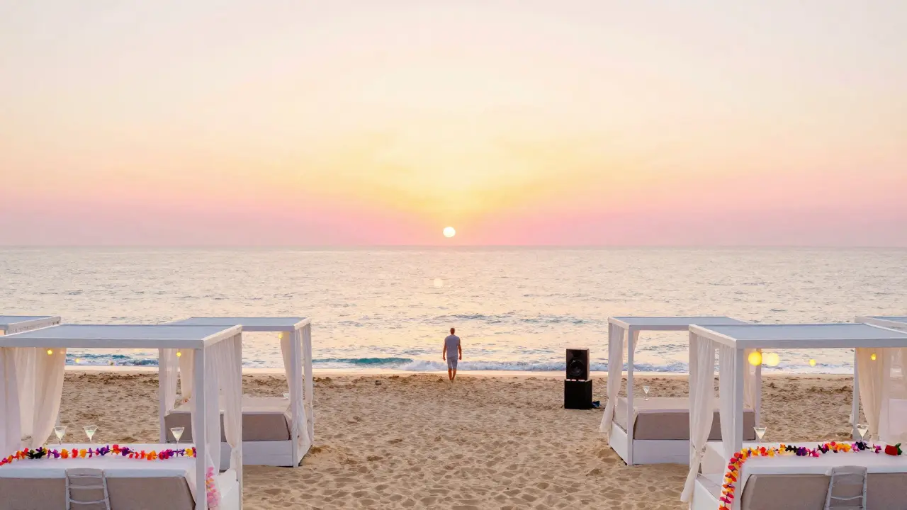 Sunrise at a private beach club, empty cabanas and fading lights over calm ocean.