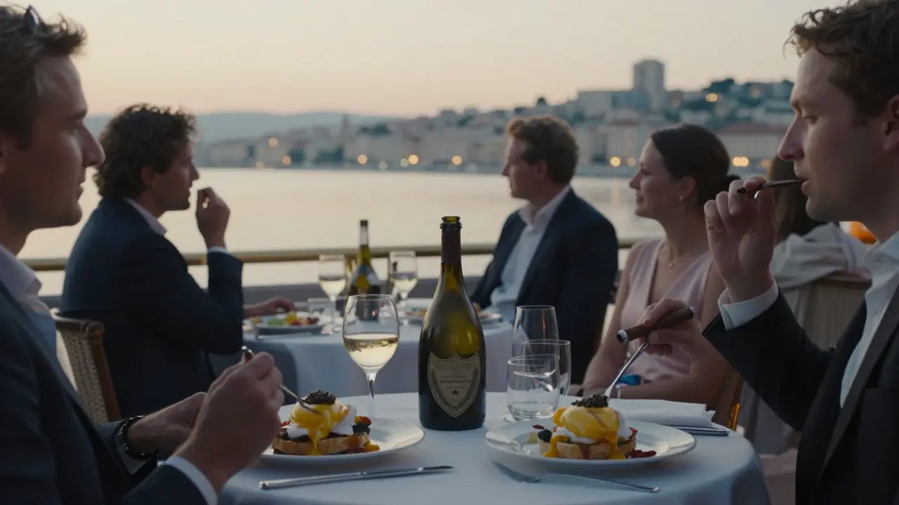 Sunrise at Bar Le Louis with guests eating breakfast in evening wear overlooking the harbor.