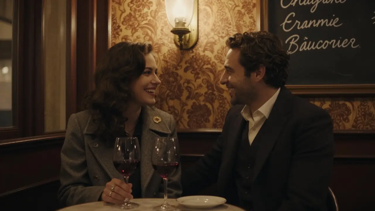 Two people in a cozy Parisian bistro, engaged in quiet conversation under warm lantern light.