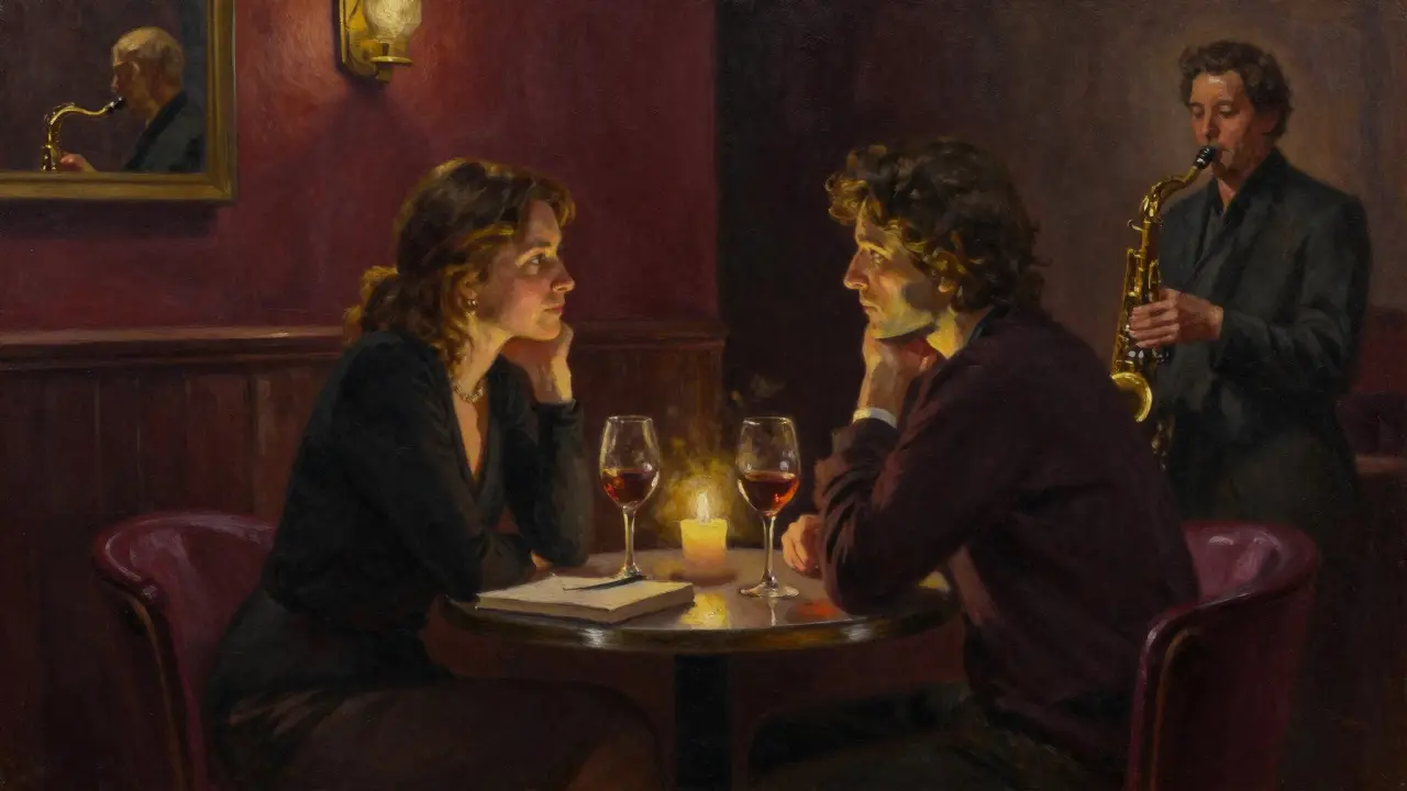 Two people share a quiet evening in a cozy jazz bar, candlelight illuminating their calm faces as music plays softly in the background.
