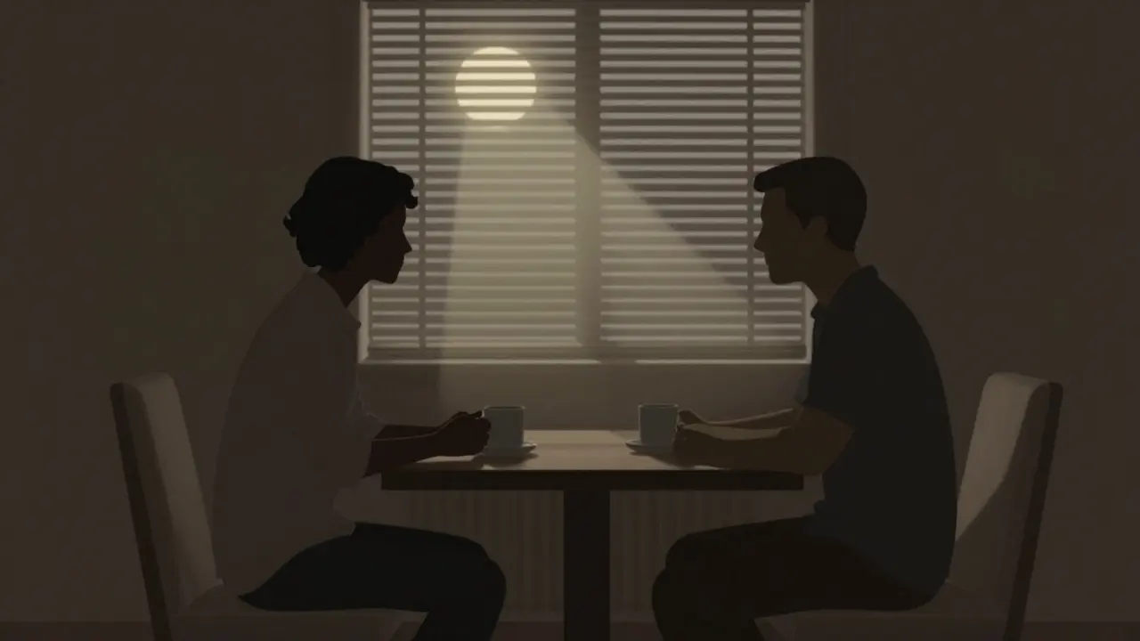 Two silhouettes in a hotel room sharing a quiet moment, symbolizing emotional connection.