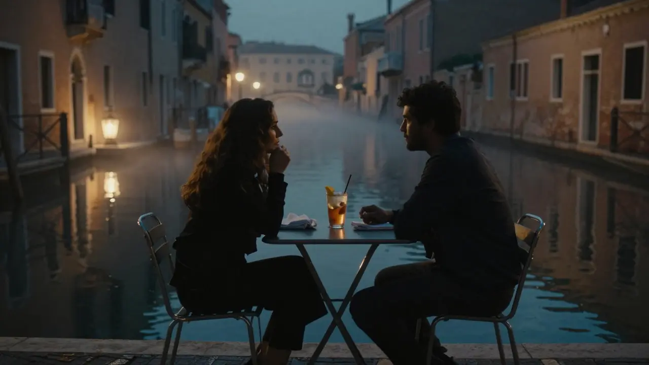 Two silhouettes share a quiet evening by the Navigli Canals, lanterns reflecting on the water.
