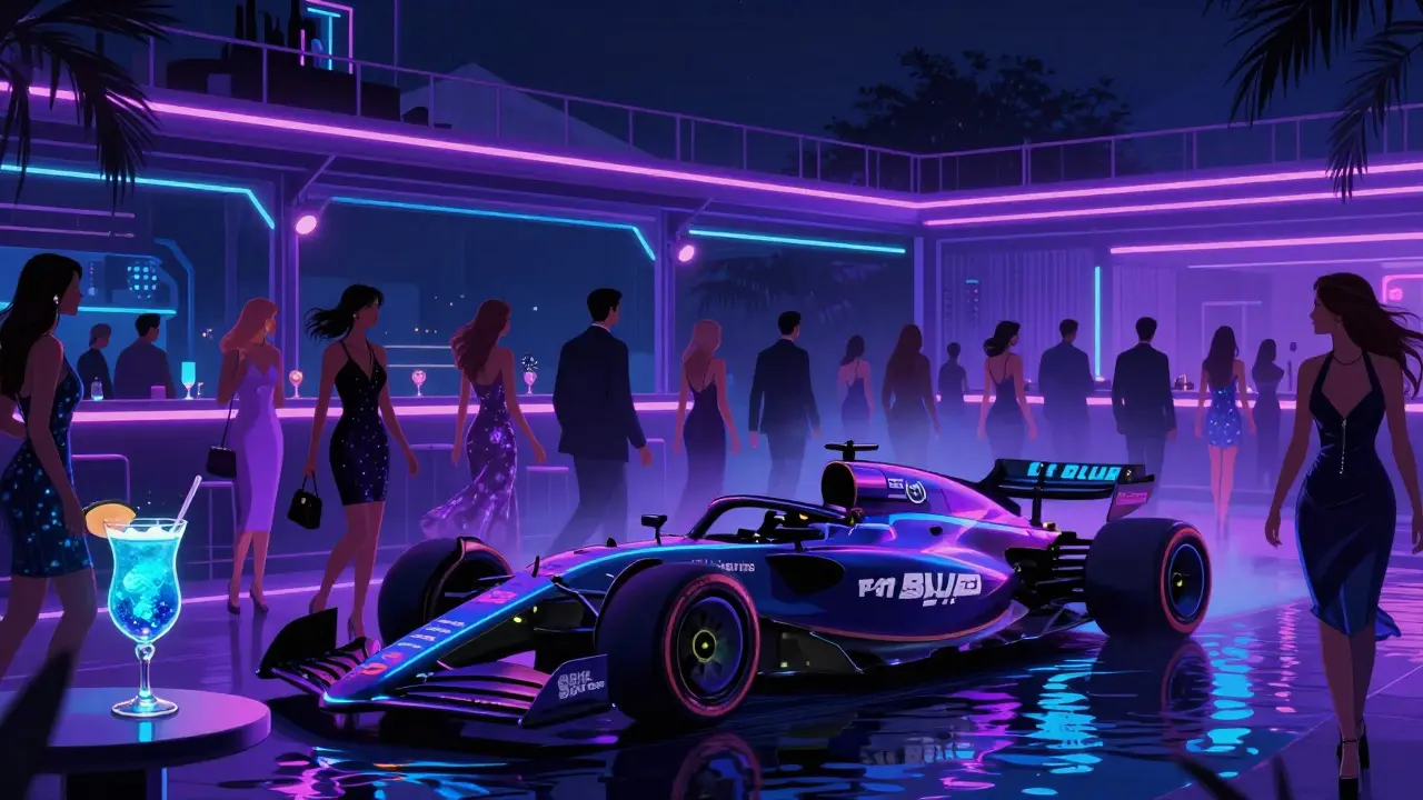 Vibrant Blue Bay club with pulsing lights and elegantly dressed crowd dancing by the waterfront at night.