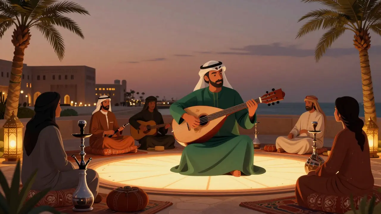 Vibrant club blending traditional Arabic music with modern beats, guests lounging with shisha under lanterns.