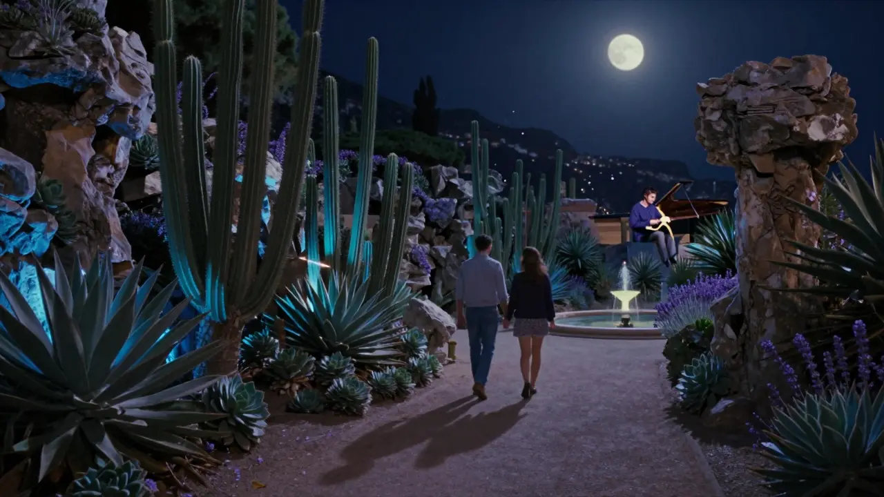 A couple walking hand-in-hand through a moonlit exotic garden with glowing succulents and a soft fountain.