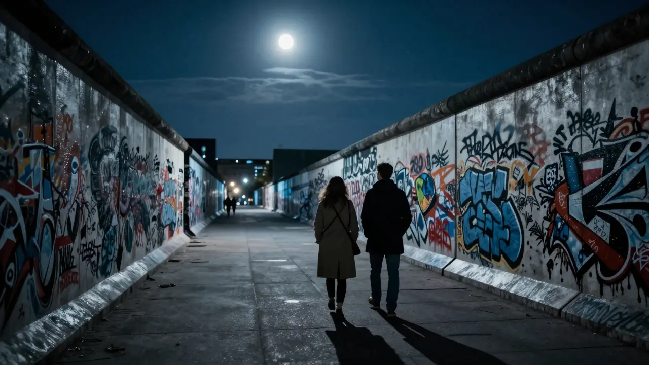 A couple walks peacefully along the graffiti-covered East Side Gallery under a starry Berlin night sky.