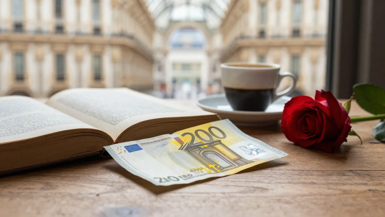 A €200 bill beside an open book and espresso cup on a wooden table, symbolizing respectful human connection in Milan.