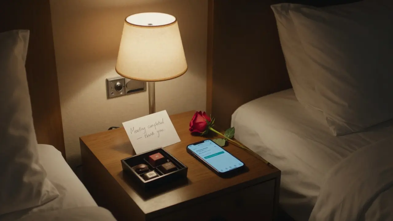 A handwritten note and chocolates rest on a hotel nightstand beside a rose, symbolizing respectful companionship.