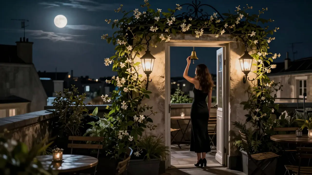 A hidden rooftop garden at night, a lone figure exiting through a brass-bell door under soft lantern light.