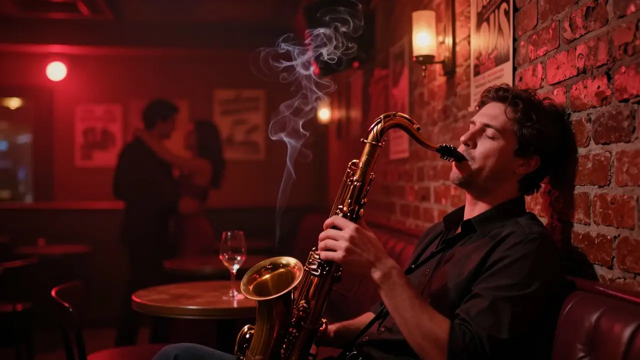 A jazz club interior with smoke and dim red light, a solo listener lost in the music.