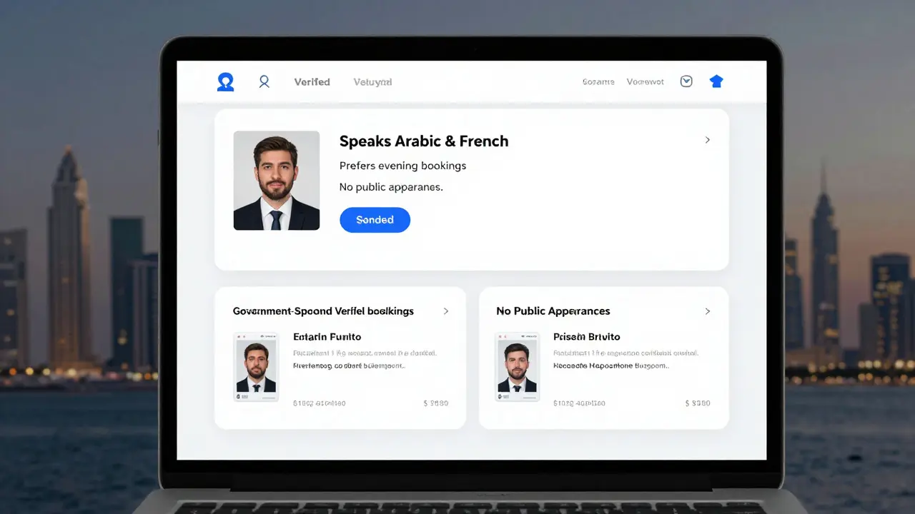 A laptop screen displays verified escort profiles with detailed bios and authentic reviews in a modern Dubai setting.