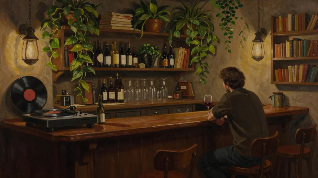 A lone person sits at a cozy, plant-filled bar with a glass of wine under warm amber lights.
