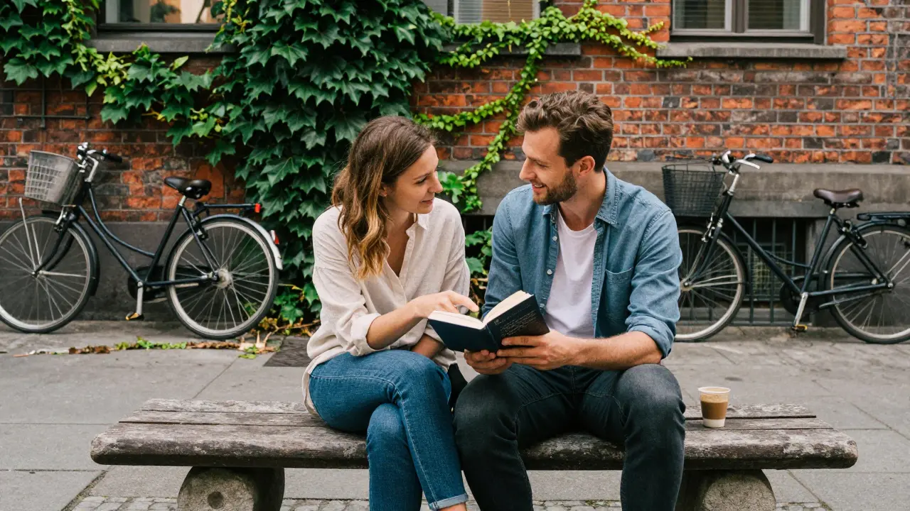 A man and woman sharing coffee and a book in a peaceful Berlin courtyard, sunlight filtering through ivy.