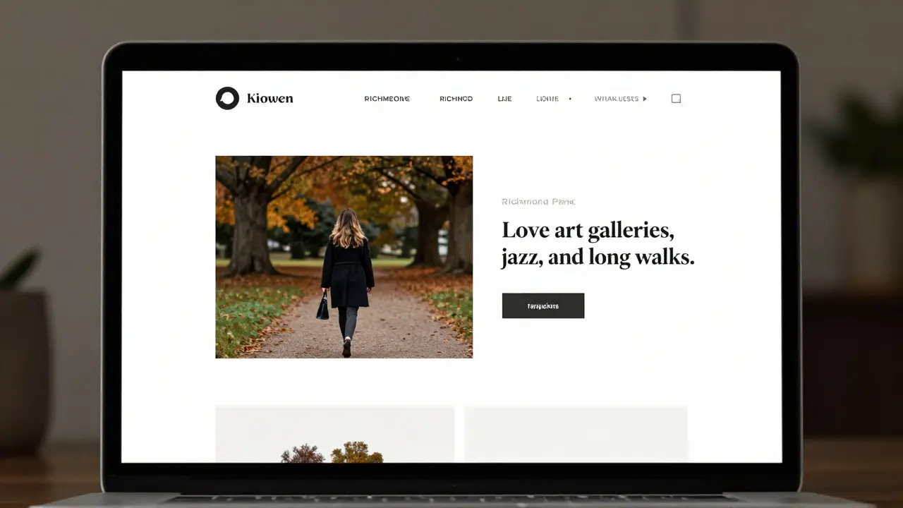 A minimalist escort website on a laptop showing a photo of a woman in a park with a clean, professional bio.