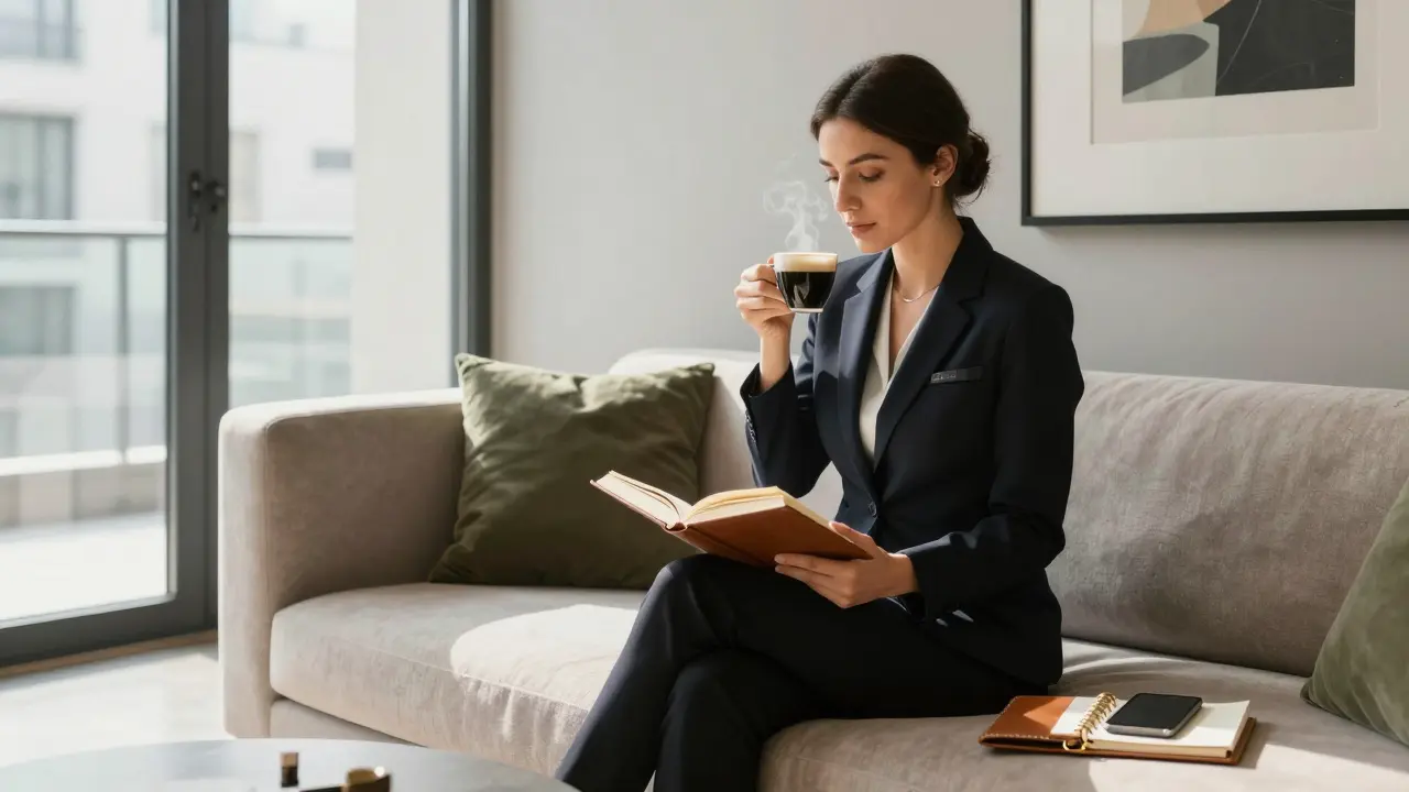 A professional woman in a modern Milan apartment lounge, reading calmly beside coffee and a book, exuding poise and independence.