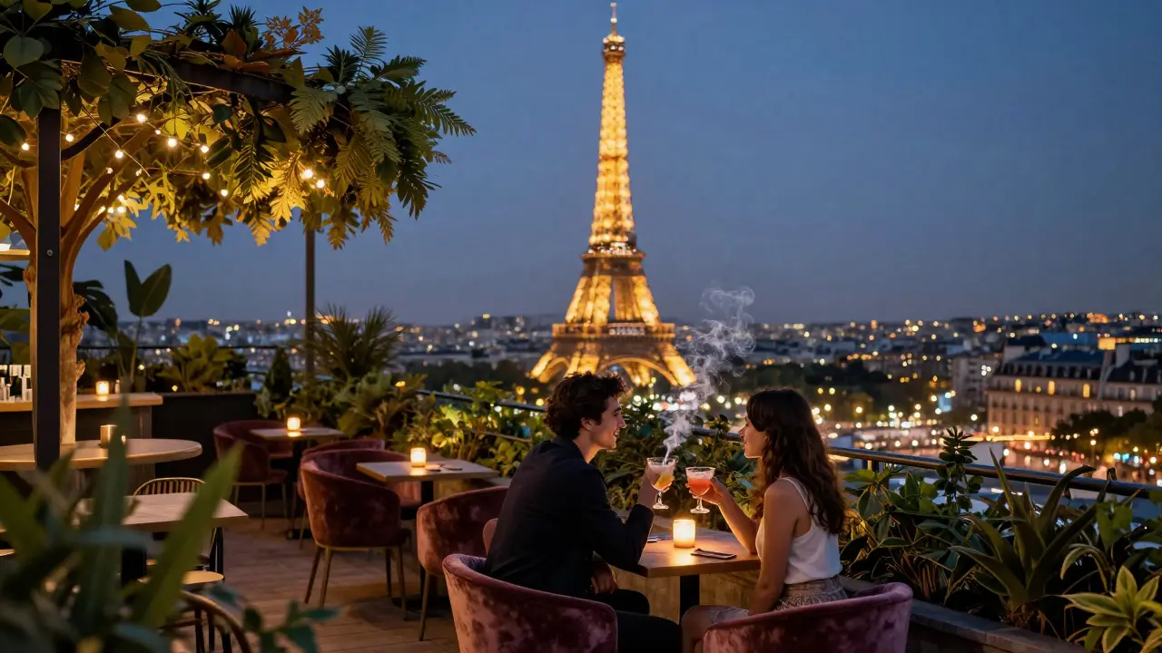 A rooftop bar with string lights and greenery, overlooking the sparkling Eiffel Tower at dusk.