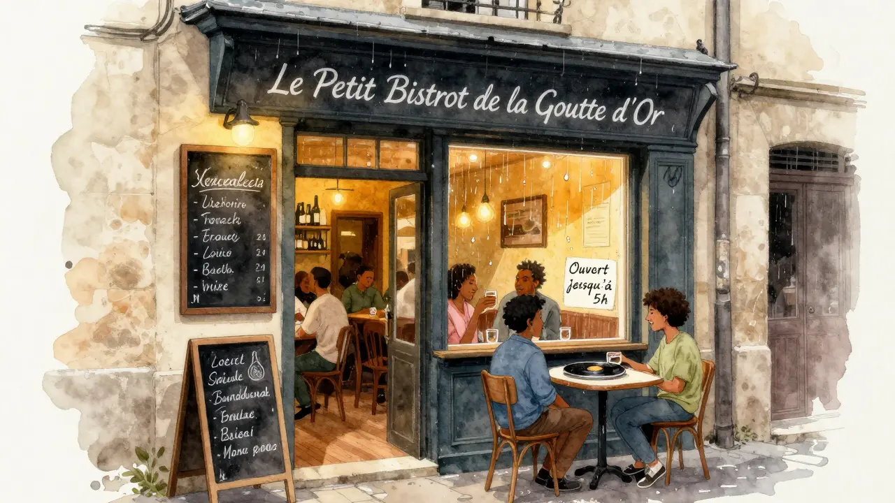 A small, unmarked wine bar in a multicultural neighborhood, with patrons sharing drinks under warm light and rain on the window.