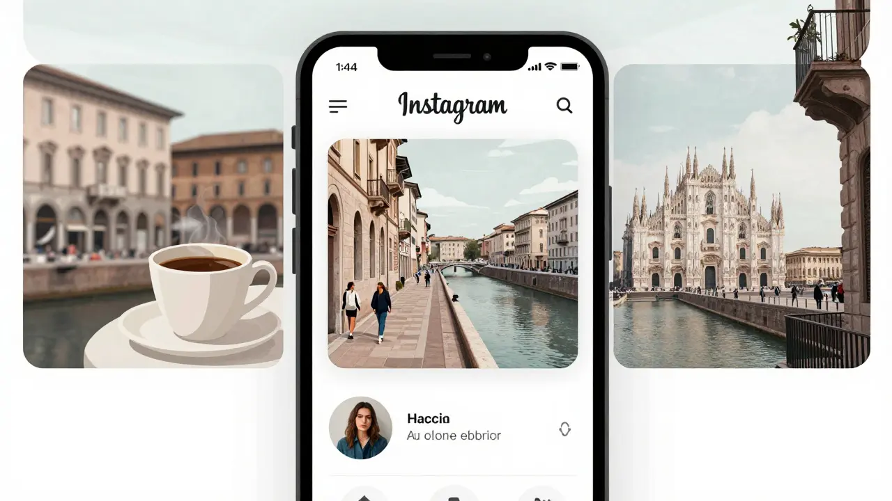 A smartphone displaying a curated Instagram feed of authentic Milan moments without selfies or suggestive content.
