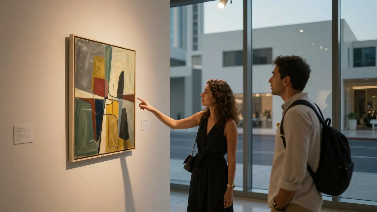 A traveler and companion viewing art in a modern Dubai gallery during dusk.