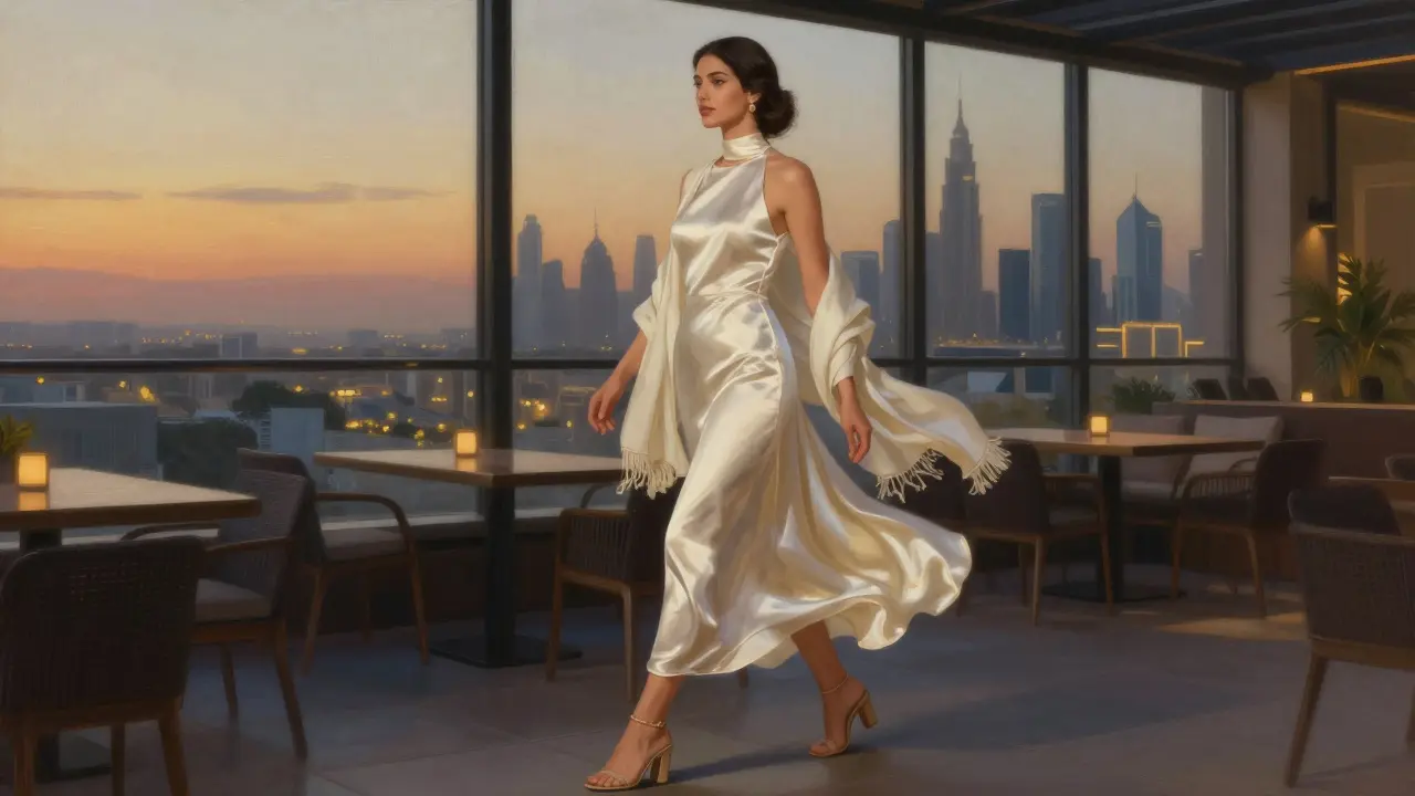 A woman in an ivory silk midi dress walks on a rooftop lounge at sunset, wearing a shawl and elegant block heels, Dubai skyline behind her.